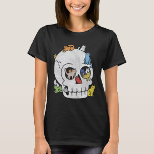 Camiseta Caveira cheia de Gatos Esqueleto Fantasia de Hallo