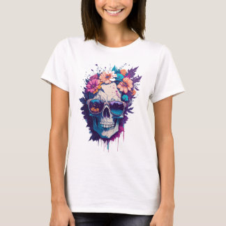 Camiseta Caveira Colorida com óculos escuros e flores de mo
