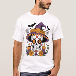 Camiseta Caveira com Chapéu de Bruxa Vetor de Halloween