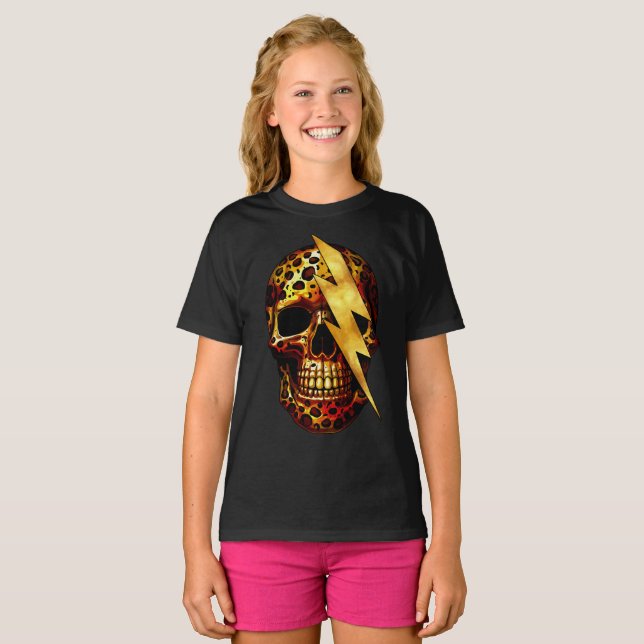 Camiseta Caveira com Estampa de Leopardo e Faíscas Douradas (Frente Completa)