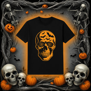 Camiseta Caveira com Morcegos e Teias de Aranha Halloween