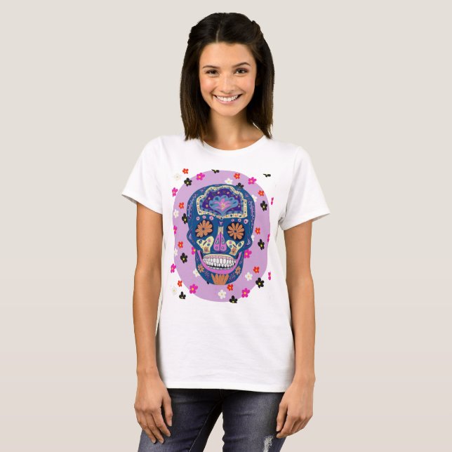 Camiseta Caveira de Açúcar Estilo Tatuagem Azul Rosa e Lara (Frente Completa)