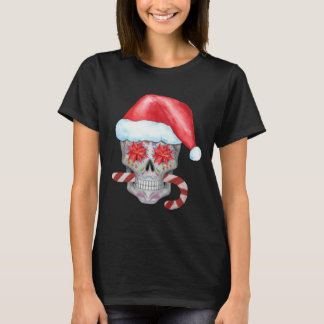Camiseta Caveira de Natal assustadora Vestindo o Chapéu San