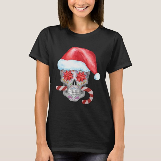 Camiseta Caveira de Natal assustadora Vestindo o Chapéu San (Frente)