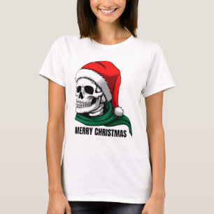 Camiseta Caveira de Natal Gótica com Chapéu de Papai Noel –