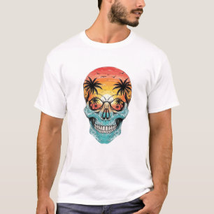 Camiseta Caveira de Pôr do Sol Tropical Onda do Oceano da