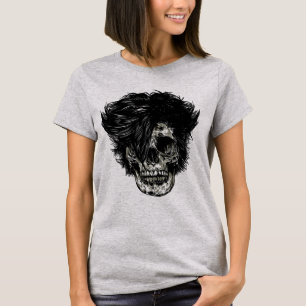 Camiseta Caveira de Rockstar com Cabelo Selvagem