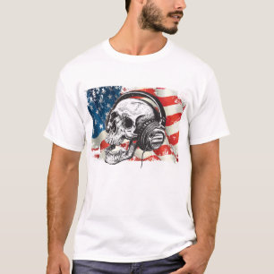 Camiseta Caveira e Fones de ouvido/Bandeira Americana