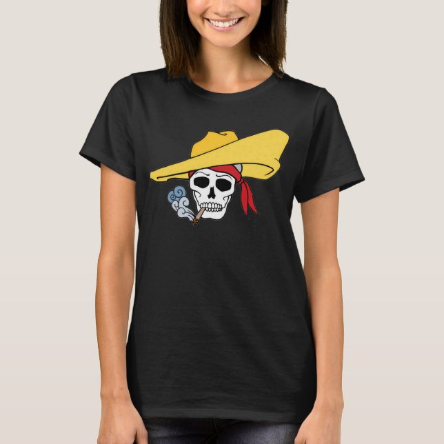 Camiseta Caveira Fumante de Halloween com Bandana Cartoon (Frente)