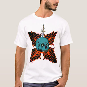Camiseta Caveira Gótica com Espada e Design Tribal Fiery