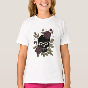 Camiseta Caveira Gótica Personalizada e Rosas Arte Floral E