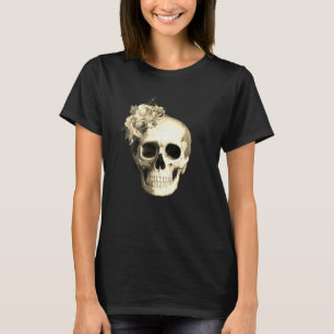 Camiseta Caveira Gótica Rosas Brancas Pretas