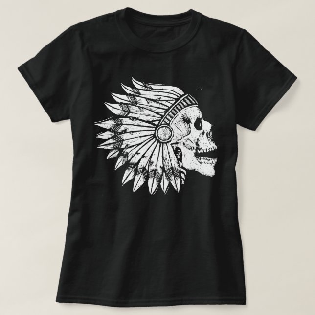 Camiseta Caveira Indiana Desenhada em Headdress Chefe Retr  (Frente do Design)