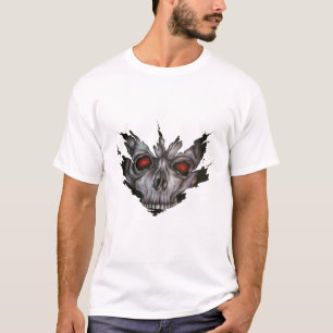 Camiseta Caveira Infernal com Olhos Vermelhos Brilhantes Es