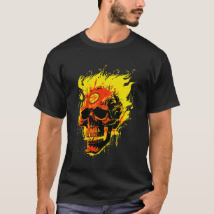 Camiseta Caveira Má Fria Em Chamas Gritando Caveira Em Verm