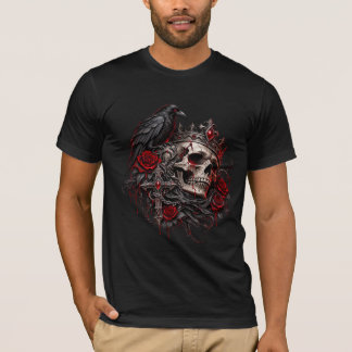 Camiseta Caveira Real Gótica com Coroa Corvo e Rosas Vermel