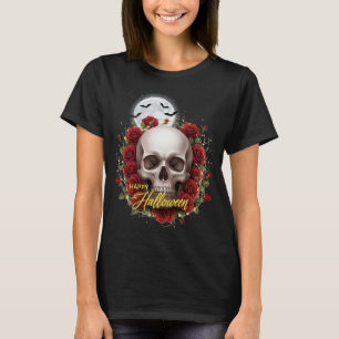Camiseta Caveira Romântica e Rosas Noite de Halloween