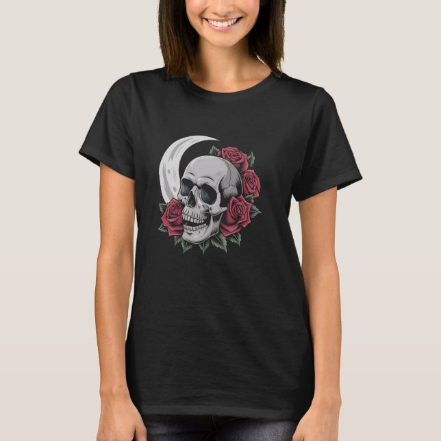 Camiseta Caveira Rosa Lua Ilustração Gótica Emo Morte Meta (Frente)