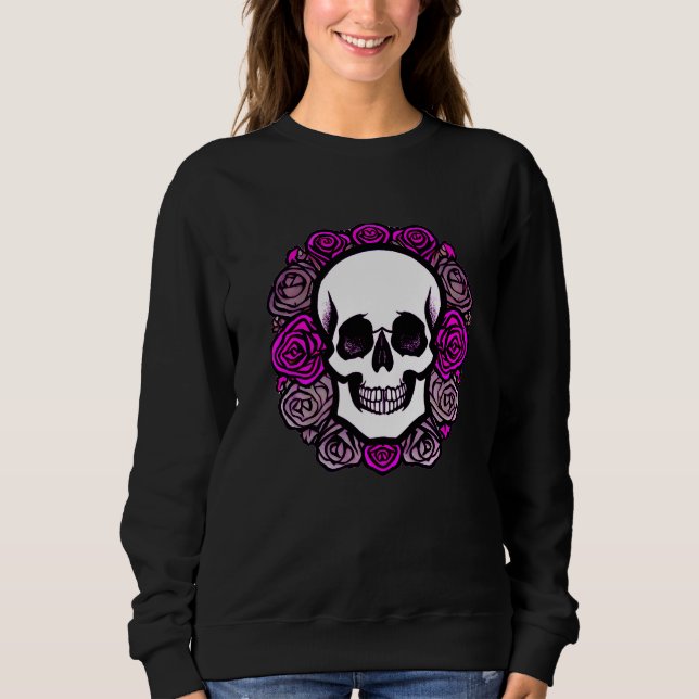 Camiseta Caveira Sorridente com Gráfico de Rosas Rosa e Rox (Frente)