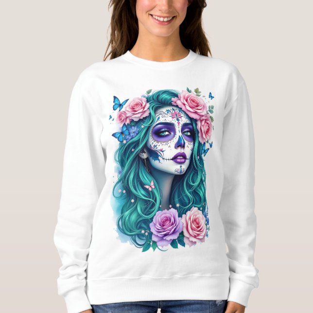 Camiseta Caveira Vibrante com Rosas, Presente Para Ela (Frente)