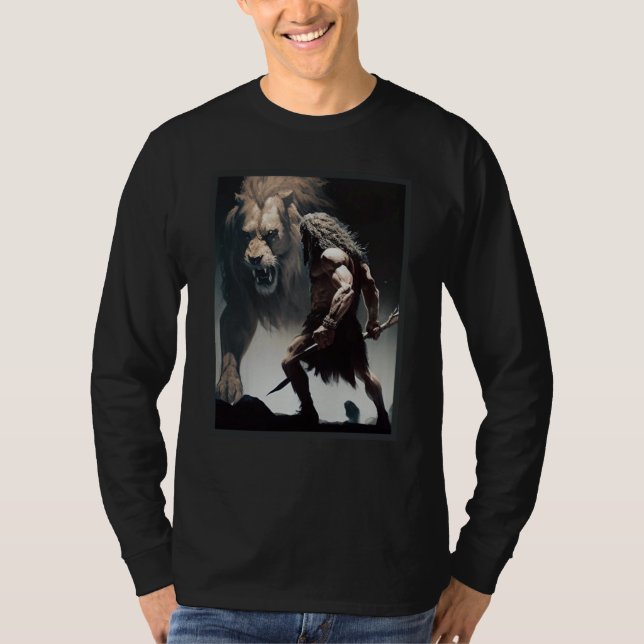 Camiseta Caveman Warrior with Friendly Lion chasing the sam (Frente)