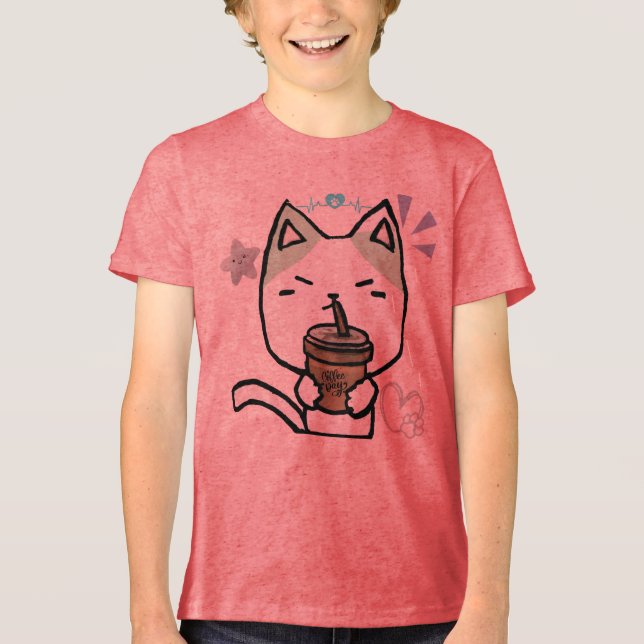 Camiseta Cawaii Funny cat with coffee Cute Cat anime style (Frente)