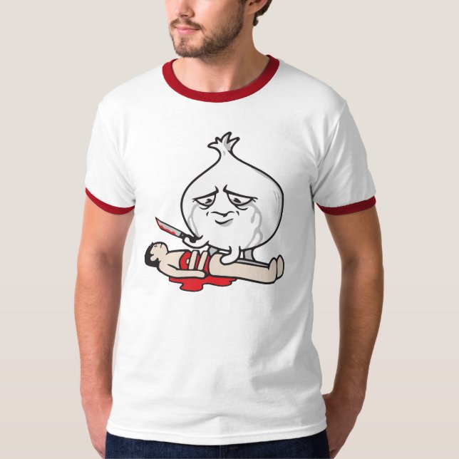 Camiseta Cebola Engraçado Chorando, Cortando Humanos (Frente)