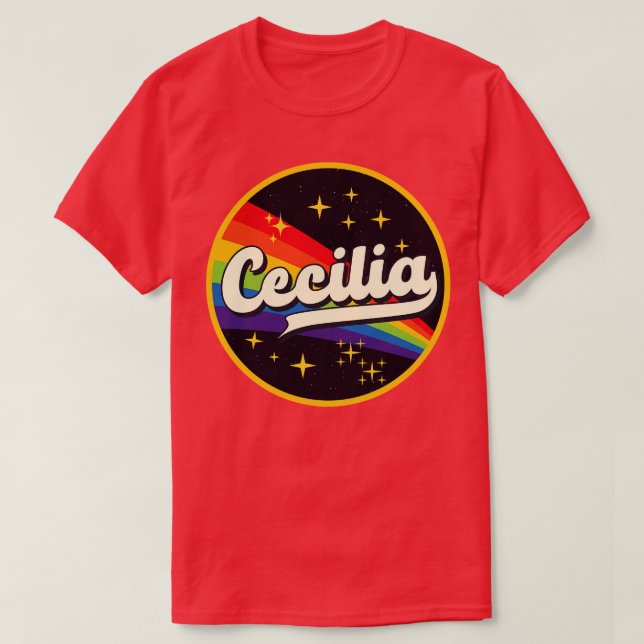 Camiseta Cecilia Rainbow No Estilo De Vintagem Espacial (Frente do Design)