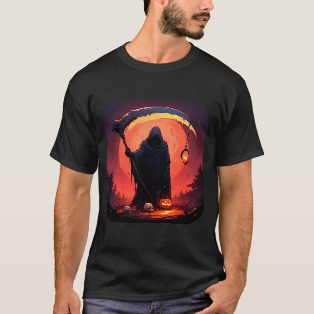 Camiseta Ceifador com Abóbora de Halloween e Lua Cheia (Frente)