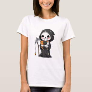 Camiseta Ceifador Fofo Segurando Três Gatos Cartoon