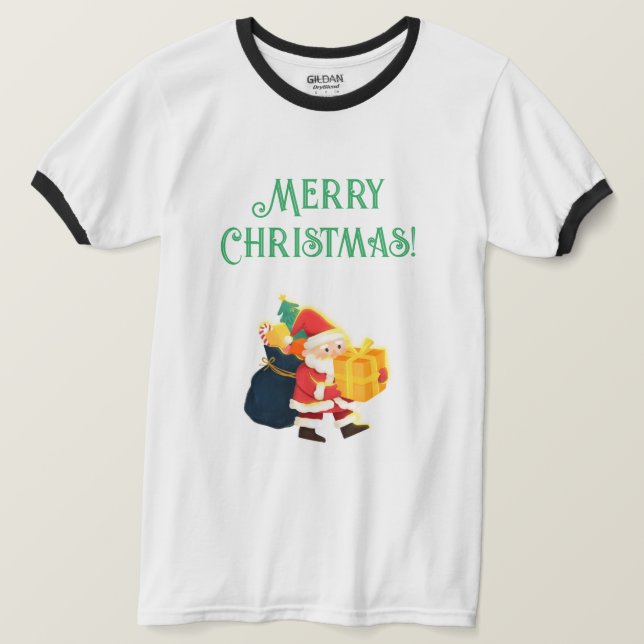 Camiseta Celebração Alegre Natal Presentes Santa Ringer  (Frente do Design)