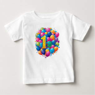 Camiseta Celebração Colorida de 1º Aniversário Com Balões