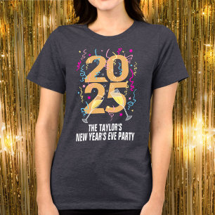 Camiseta celebração de ano novo 2025 noite champanhe dourad