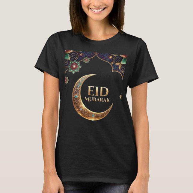 Camiseta Celebração do Eid Al Adha Lua Estrelas Douradas (Frente)