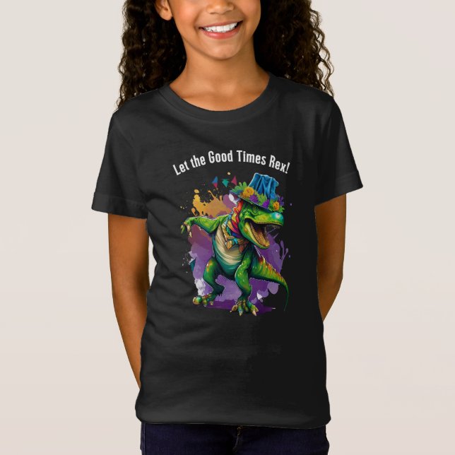 Camiseta Celebrar Mardi Gras com Dinossauro T Rex (Frente)