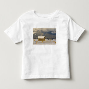 Camiseta Celeiro rústico e fardos de feno após uma neve fre