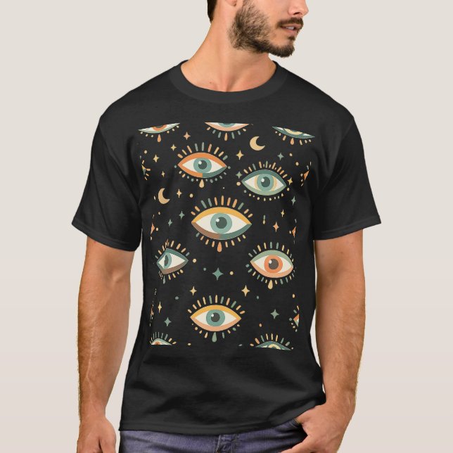 Camiseta Celestial Evil Eye Pattern – Boho Mystical Moon (Frente)