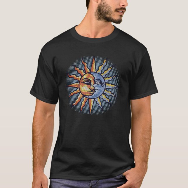 Camiseta Celestial Mosaico Sol e Lua Enfrenta Gráfico (Frente)
