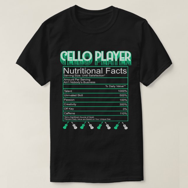 Camiseta Cello Player Nutrition Facts Orchestra Music Cel (Frente do Design)
