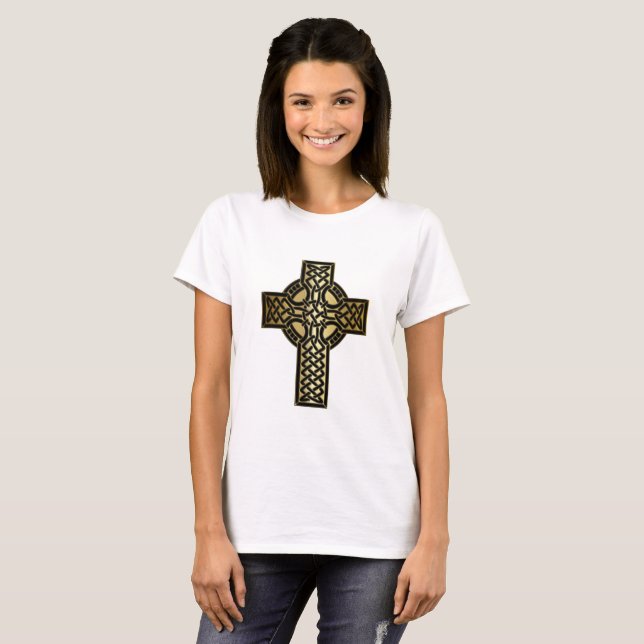 Camiseta Celtic Knot Cross em Dourado e preto (Frente Completa)