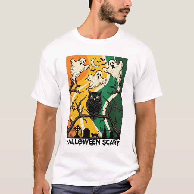 Camiseta Cemitério de Fantasmas de Coruja Preta Assustadora (Frente)