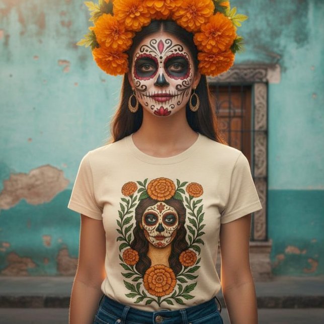 Camiseta Cempasúchil Aztec Marigolds Catrina Botânica (Cempasúchil Aztec Marigolds Botanical Catrina T-Shirt.)