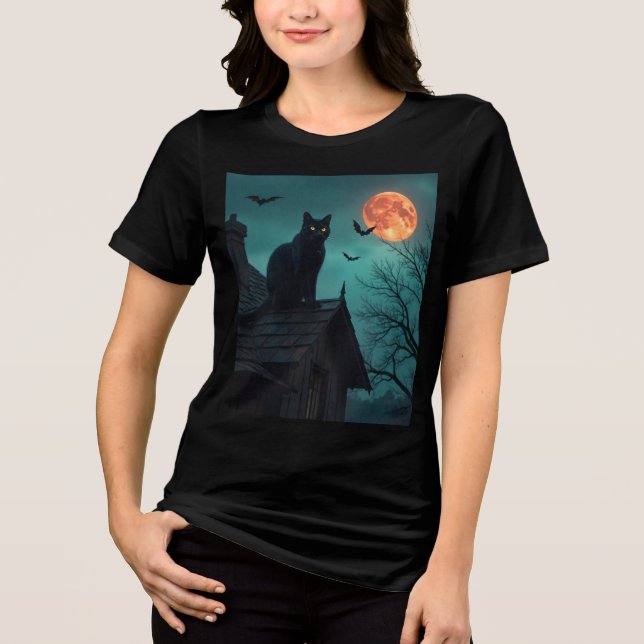 Camiseta Cena Cinemática de Gato de Halloween (Frente)
