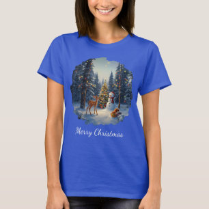 Camiseta Cena da Árvore de Natal Fofo Deer Fawn Snowman