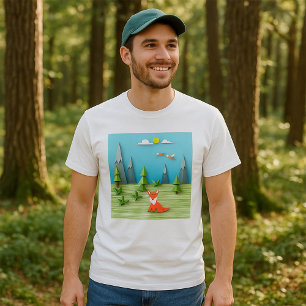 Camiseta Cena da Floresta Origami com Montanhas Fox e Aves