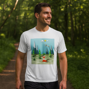 Camiseta Cena da Floresta Origami com Montanhas Fox e Aves