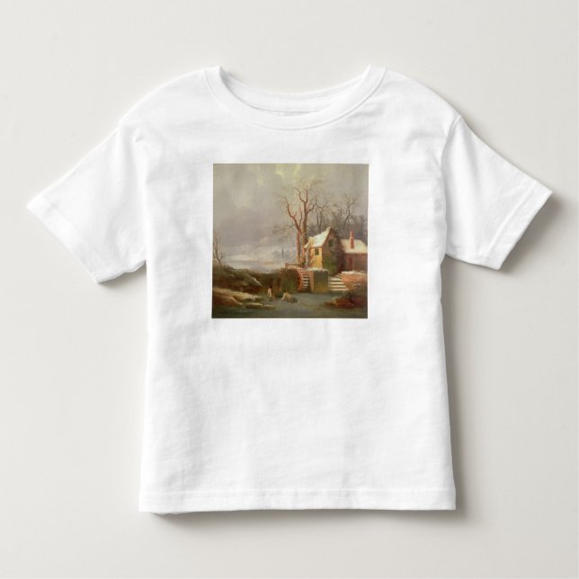Camiseta Cena da neve com moinho e casas de campo (Frente)