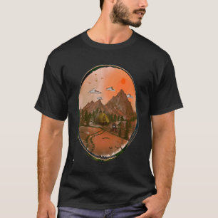 Camiseta Cena de Acampamento nas Montanhas Retro Sunset do