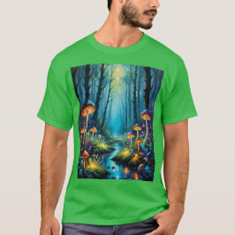 Camiseta Cena de Brilho Mágico da Floresta Mushroom