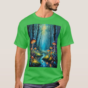 Camiseta Cena de Brilho Mágico da Floresta Mushroom